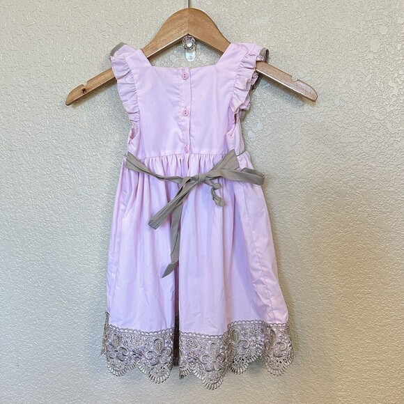 Periwinkle Parasol Pink Brown Dress Smocking Lace Tie Back Crown 3T - Picture 6 of 6